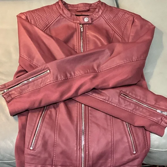 Express Women's Burgundy Faux Leather Jacket - Picture 6 of 7